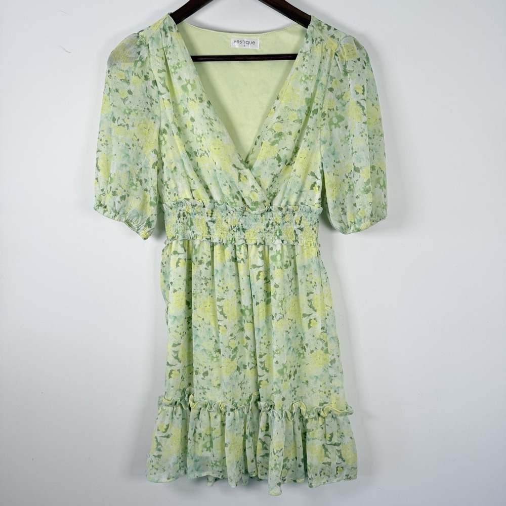 Vestique Sundress Women's Size Small Green Yellow Ruffle Fairycore Elastic Vneck